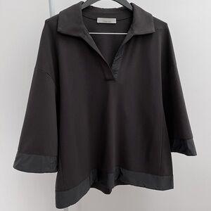 Liviana Conti v-neck top with collar XL black mixed media polo 3/4 sleeves Italy